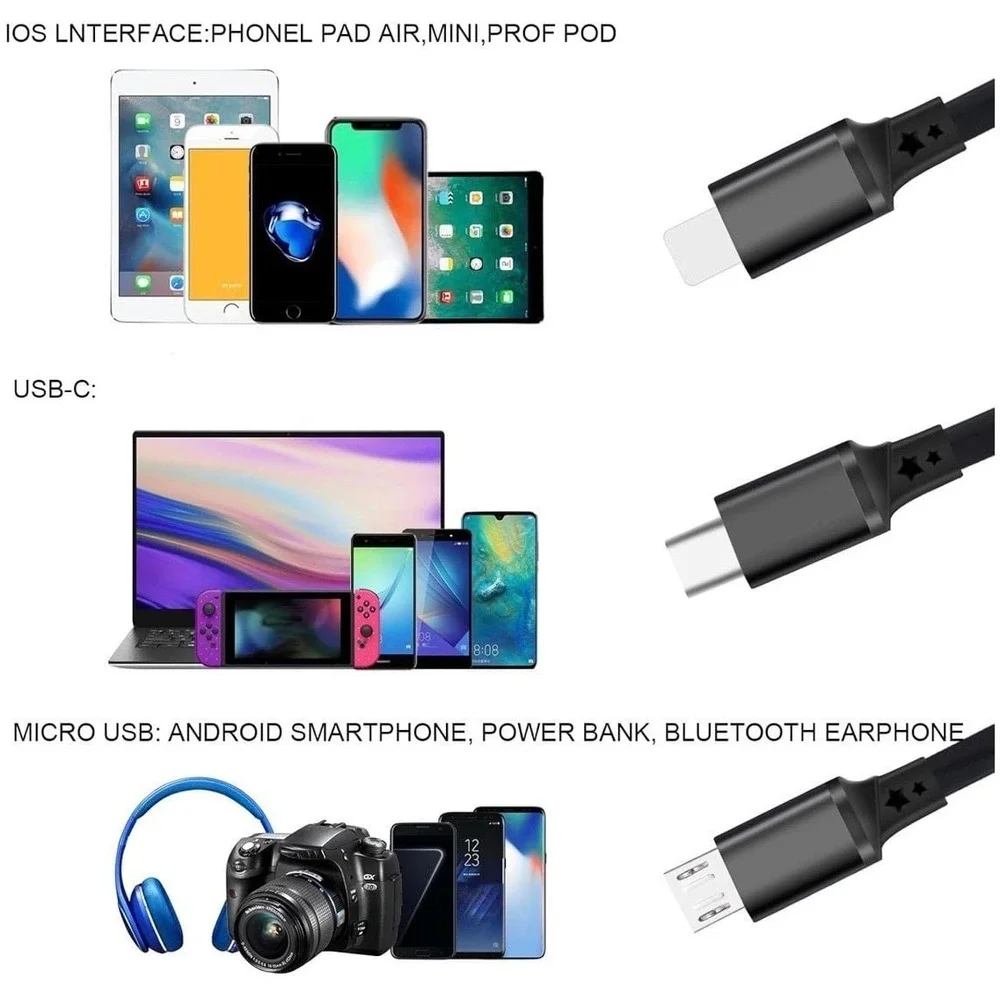Aywenny 3-Pack 3-in-1 Retractable USB Multi Charging Cable with Type-C, Micro US